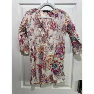 Zara Cream 3/4 Sleeve Floral Print Buttoned Shirt Dress Size XS